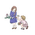 Boy giving girl flower camomile.